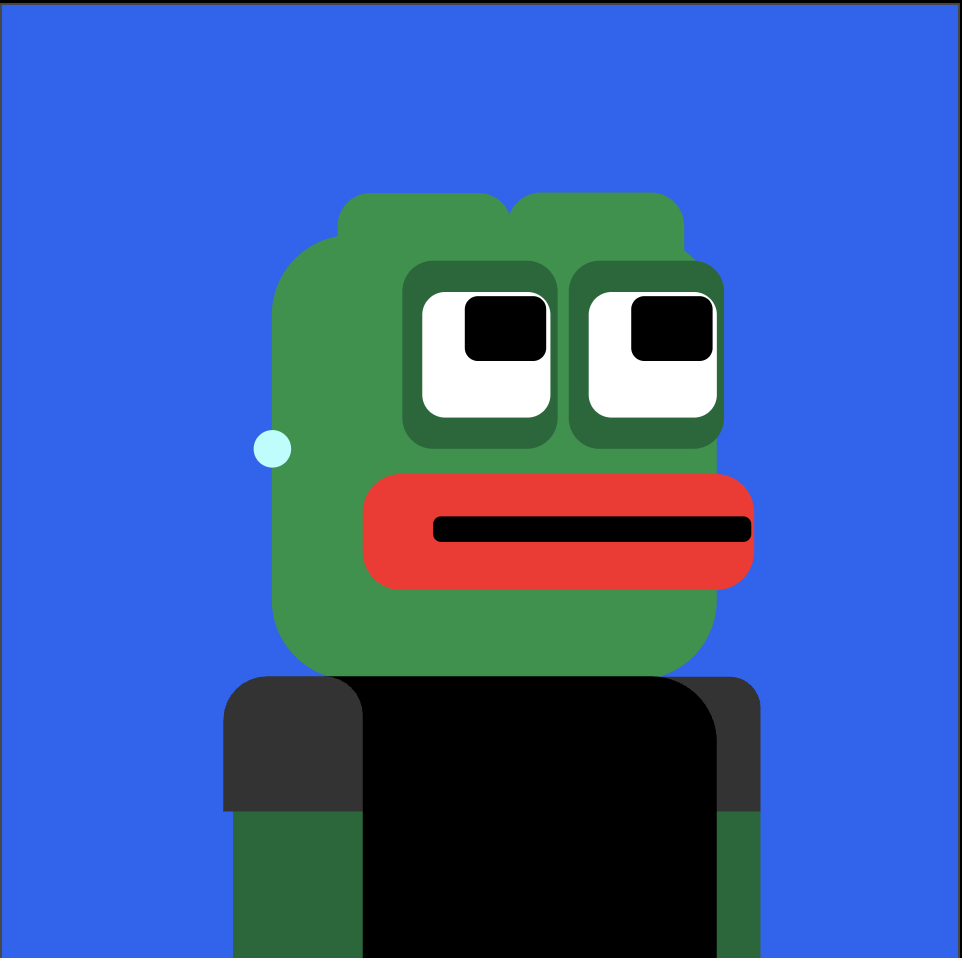 Block-structured Pepe — flat shapes, geometric head, big eyes.